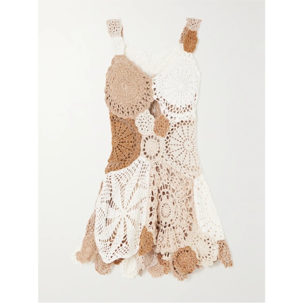 Crochet Patchwork Dress in Cream and Brown